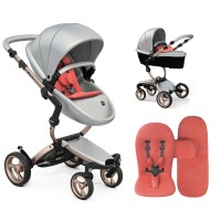 Коляска Mima Xari Argento шасі Rose Gold стартовий набір Coral Red