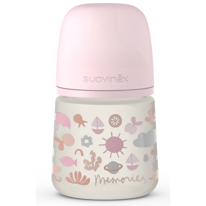 Bottle, anatomical nipple slow flow, "Memories - Babies Stories" pink, 150 ml Suavinex