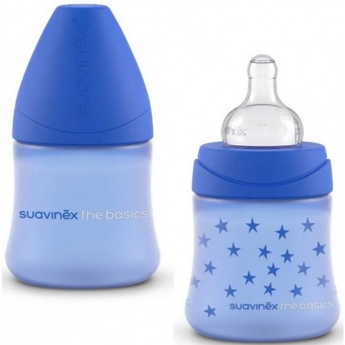Бутылочка (набор 2 шт), 150 мл Suavinex круглая соска медленный поток, "Basics" синяя