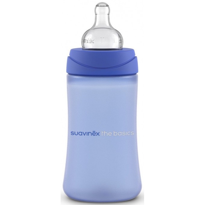 Bottle, round nipple 3-position, "Basics" blue, 270 ml Suavinex