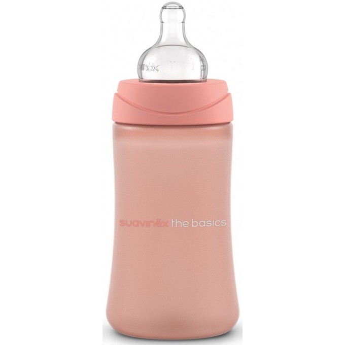 Бутылочка, круглая соска 3-позиционная, "Basics" розовая, 270 мл Suavinex