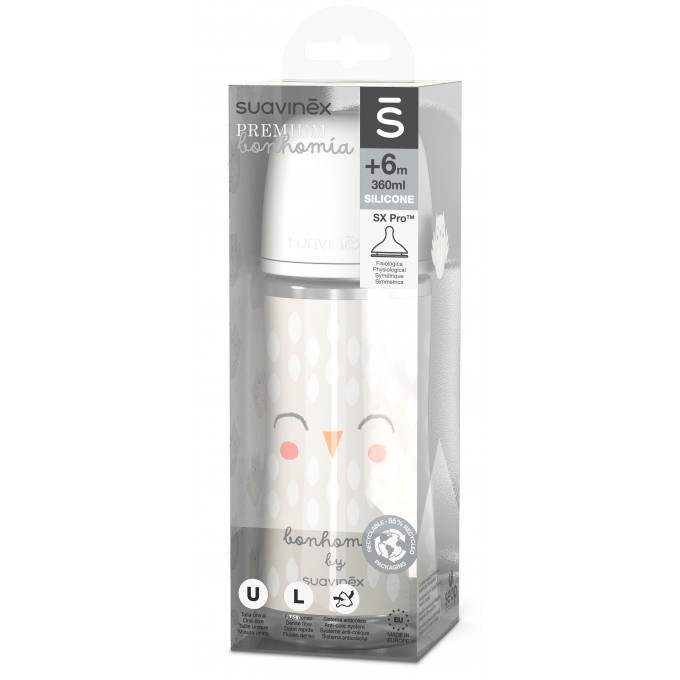 Bottle, 360 ml, physiological nipple slow flow, "Bonhomia" white